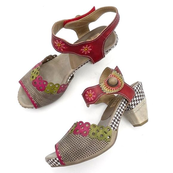 L’Artiste by Spring Step Jive Sandals Size 41 EU 9.5 US Red Floral Leather Heels - Picture 2 of 16